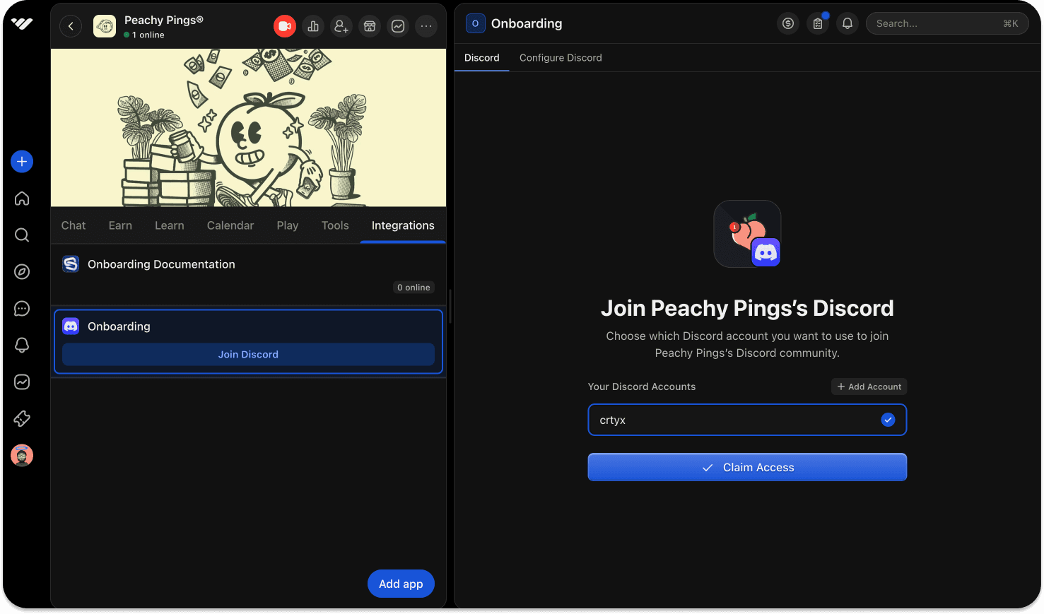 The screenshot shows how you can locate the 'Join Discord' button whilst logged into an account on Whop with a valid Peachy Pings subscription