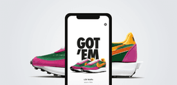 Smartphone displaying 'GOT 'EM' notification for Nike LDV Waffle x Sacai sneakers