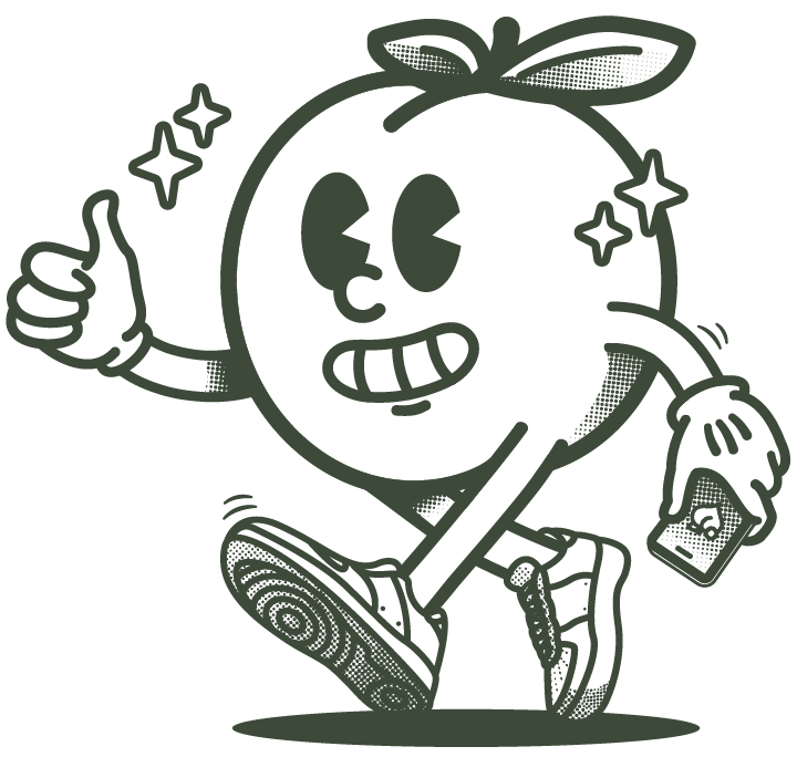 Walky, the Peachy Pings peach mascot, striding along with his phone